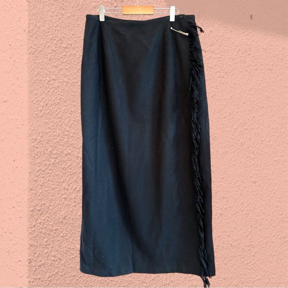Vintage maxi black wool wrap skirt with fringe